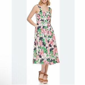 Tommy Hilfiger Isla Multicolor Floral Dress Smocked Midi Sundress Vacation